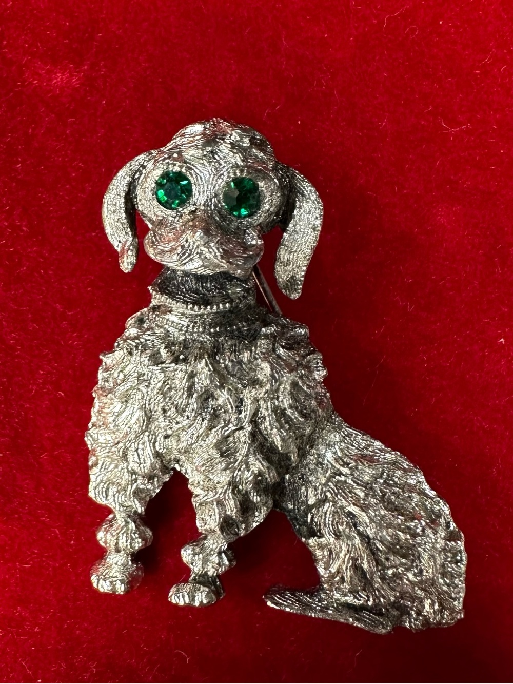 Silver Poodle Dog Brooch with Green Rhinestone Eyes